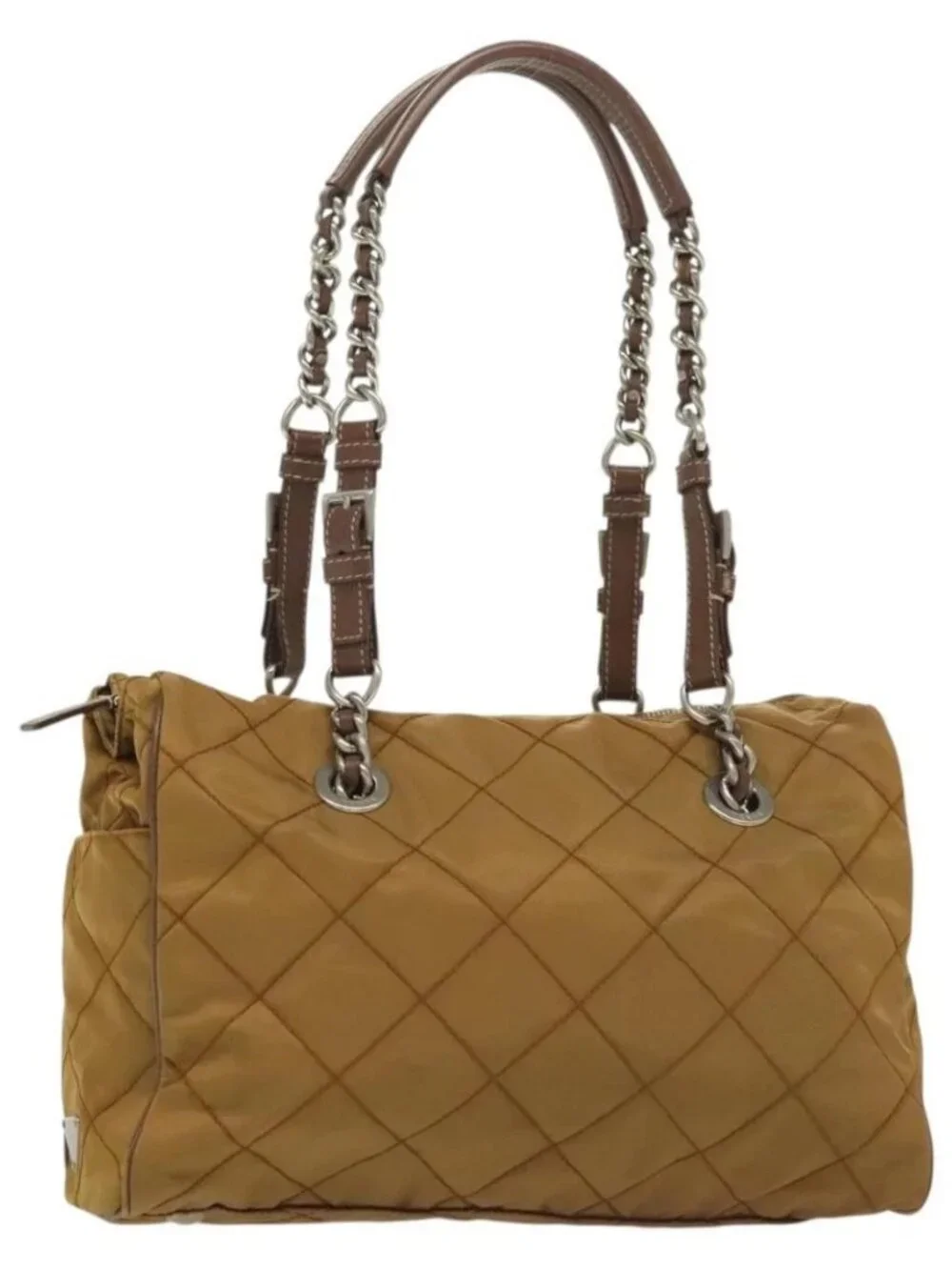 PRADA Chain Shoulder Bag Nylon Beige Silver Auth 140091